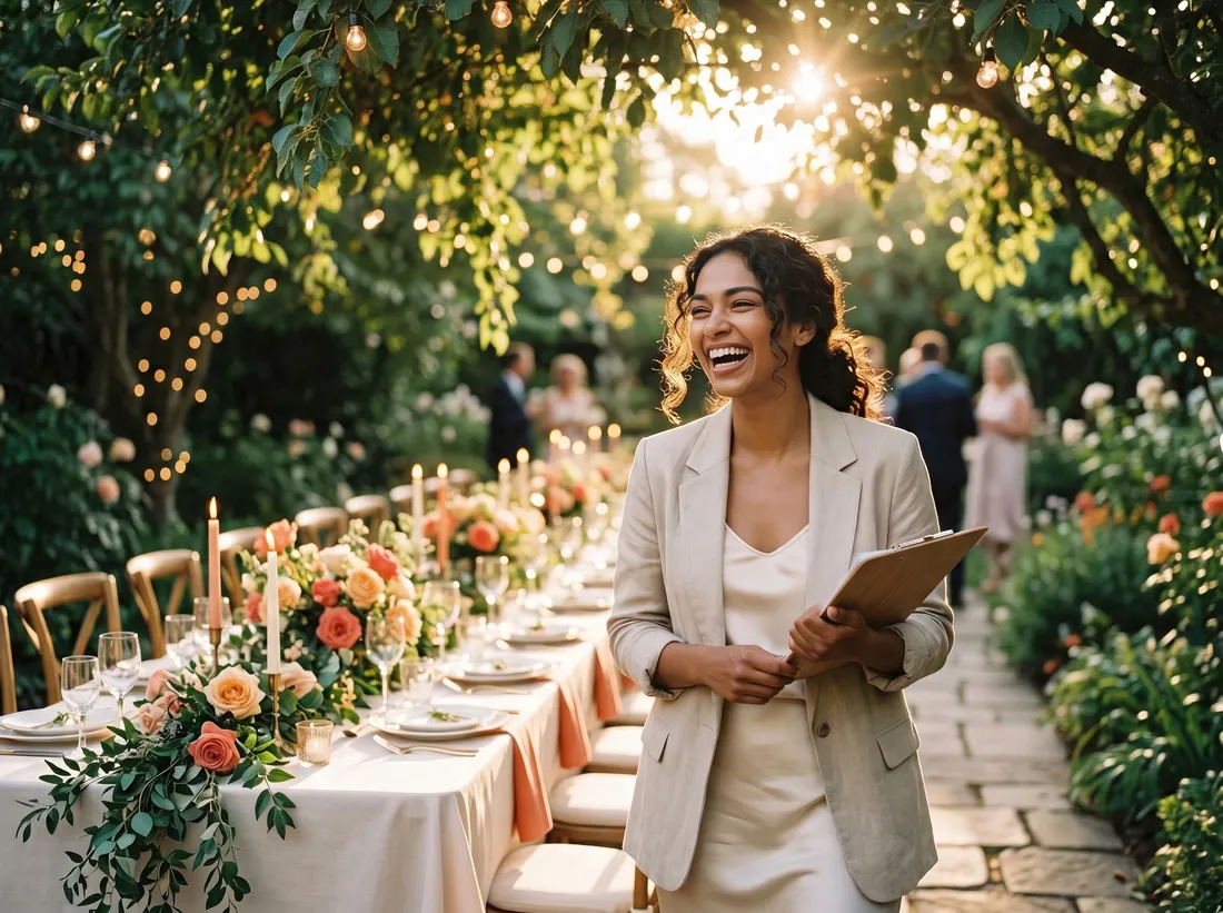 A garden wedding she planned · golden hour
